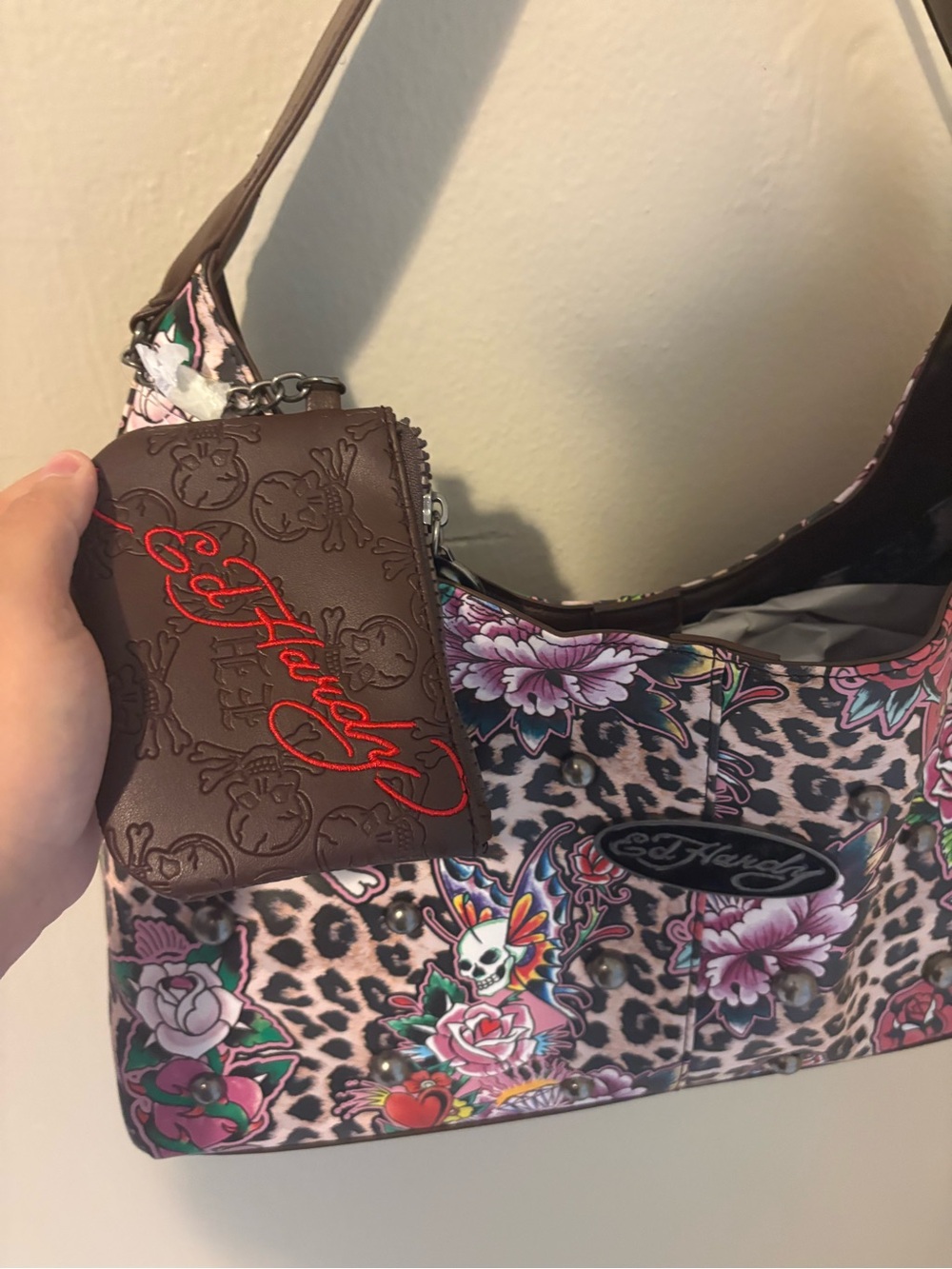 Ed Hardy Pink Leopard Floral Shoulder Bag with Brown Coin Pouch and Red Logo